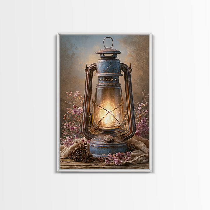 Rustic Lantern Glowing Beside Pinecones Framed Canvas Print, Rustic Art, Farmhouse Wall Art, Farmhouse Decor, Fine Art, Rustic, RUS-2x3-84