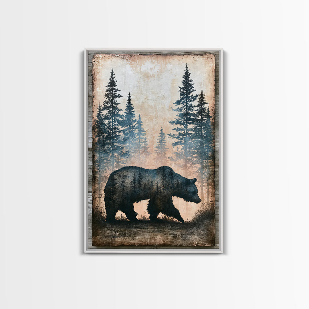 Bear Silhouette Among Pine Trees Framed Canvas Print, Rustic Art, Boho Wall Art, Farmhouse Decor, Rustic, Downloadable Art, RUS-2x3-87