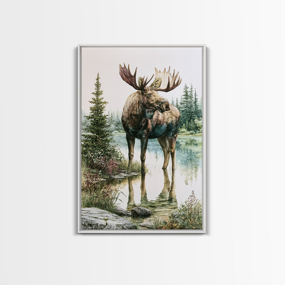 Moose Standing by a Quiet Lake Framed Canvas Print, Rustic Art, Boho Wall Art, Farmhouse Decor, Rustic, Downloadable Art, RUS-2x3-89