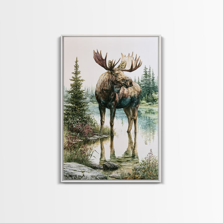 Moose Standing by a Quiet Lake Framed Canvas Print, Rustic Art, Boho Wall Art, Farmhouse Decor, Rustic, Downloadable Art, RUS-2x3-89