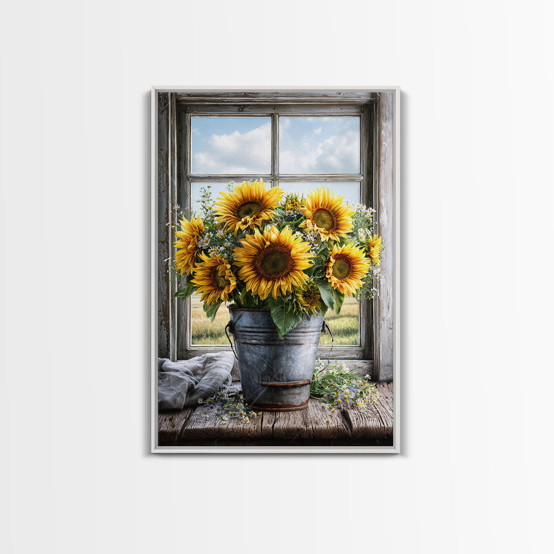 Sunflowers in a Metal Bucket Framed Canvas Print, Rustic Art, Gallery Decor, Farmhouse Decor, Fine Art, Rustic, RUS-2x3-92
