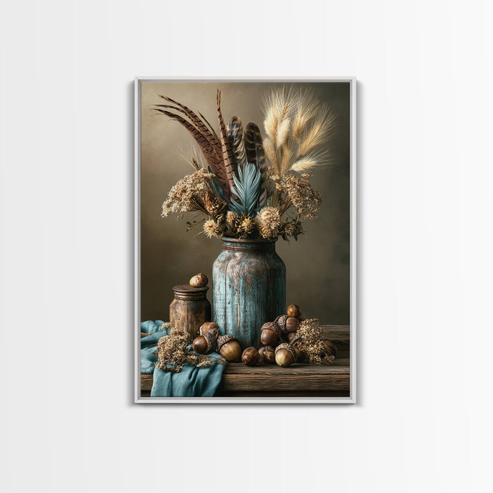 Pheasant Feathers and Acorns Arrangement Canvas Print, Rustic Art, Digital Print, Farmhouse Decor, Rustic, Landscape Painting, RUS-2x3-96