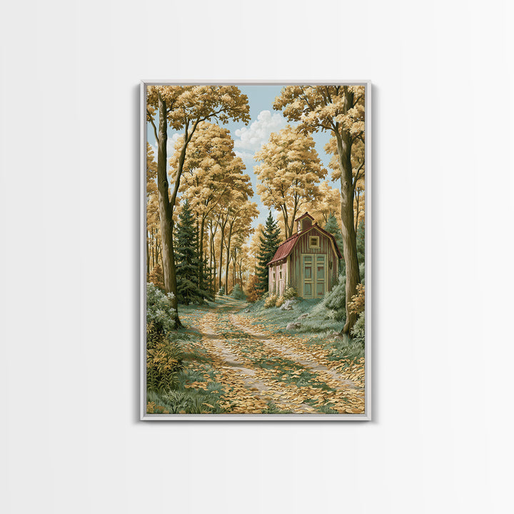 Forest Path with Golden Autumn Leaves Framed Canvas Print, Rustic Art, Painting, Farmhouse Decor, Rustic, Boho Wall Art, RUS-2x3-98