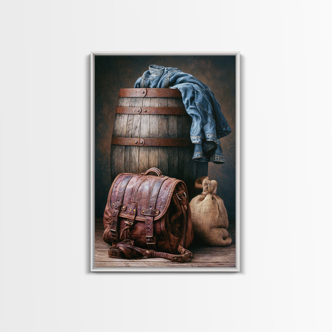 Whiskey Barrel and Leather Still Life Canvas Print, Rustic Art, Farmhouse Decor, Rustic, Gallery Wall Art, Landscape Wall Art, RUS-2x3-99