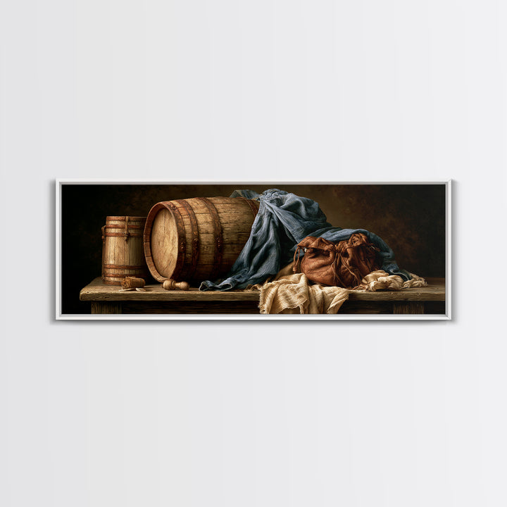 Whiskey Barrel and Leather Still Life Canvas Print, Rustic Art, Landscape Art, Farmhouse Decor, Watercolor Art, Rustic, RUS-3x1-11