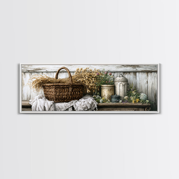 Handwoven Basket with Dried Grasses Canvas Print, Rustic Art, Wood Art, Farmhouse Decor, Fine Art, Rustic, Wall Decor, RUS-3x1-16