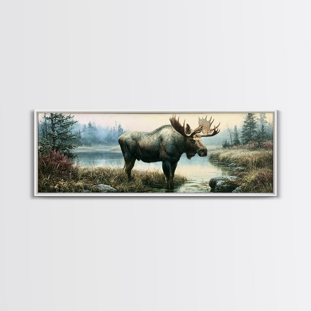 Moose Standing by a Quiet Lake Canvas Print, Rustic Art, Wood Art, Farmhouse Decor, Fine Art, Rustic, Wall Decor, Neutral Decor, RUS-3x1-25