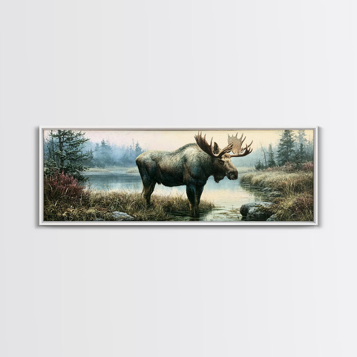 Moose Standing by a Quiet Lake Canvas Print, Rustic Art, Wood Art, Farmhouse Decor, Fine Art, Rustic, Wall Decor, Neutral Decor, RUS-3x1-25