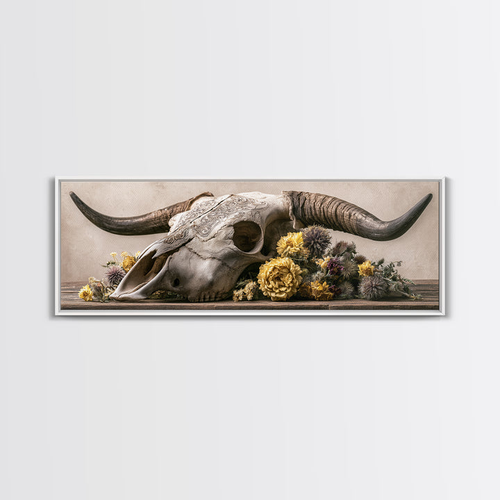 Cow Skull with Desert Flowers Canvas Print, Rustic Art, Boho Wall Art, Farmhouse Decor, Oil Painting, Rustic, Downloadable Art, RUS-3x1-33