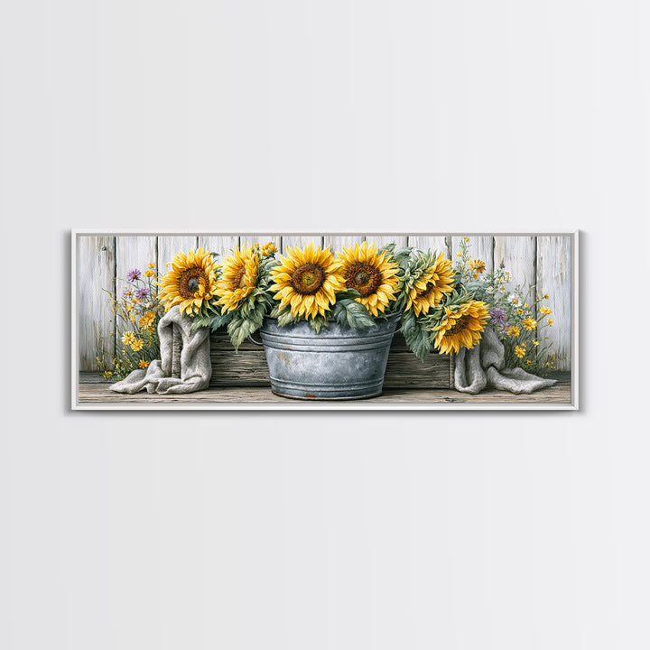 Sunflowers in a Metal Bucket Canvas Print, Rustic Art, Eclectic Wall Art, Farmhouse Decor, Watercolor Art, Rustic, RUS-3x1-4
