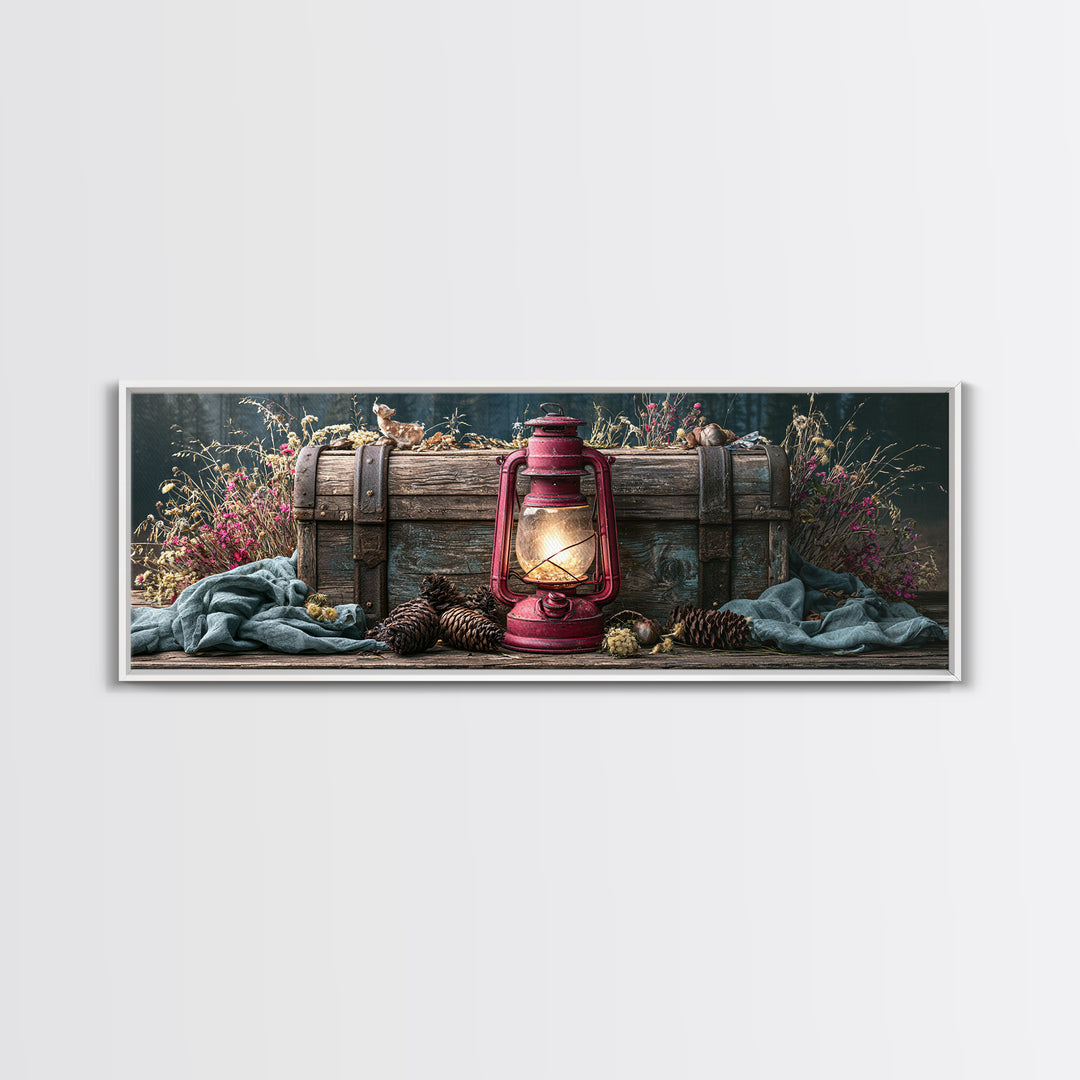 Rustic Lantern Glowing Beside Pinecones Framed Canvas Print, Rustic Art, Wall Decor, Farmhouse Decor, Fine Art, Rustic, RUS-3x1-44