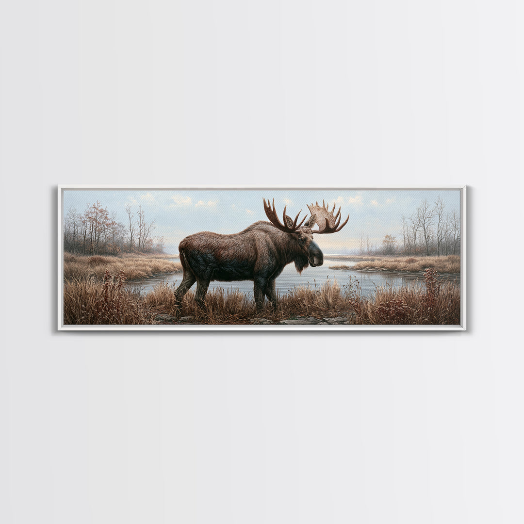 Moose Standing by a Quiet Lake Canvas Print, Rustic Art, Wood Art, Farmhouse Decor, Fine Art, Rustic, Wall Decor, Neutral Decor, RUS-3x1-49
