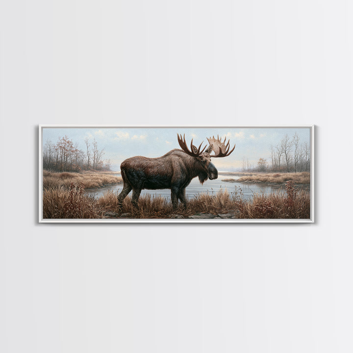 Moose Standing by a Quiet Lake Canvas Print, Rustic Art, Wood Art, Farmhouse Decor, Fine Art, Rustic, Wall Decor, Neutral Decor, RUS-3x1-49