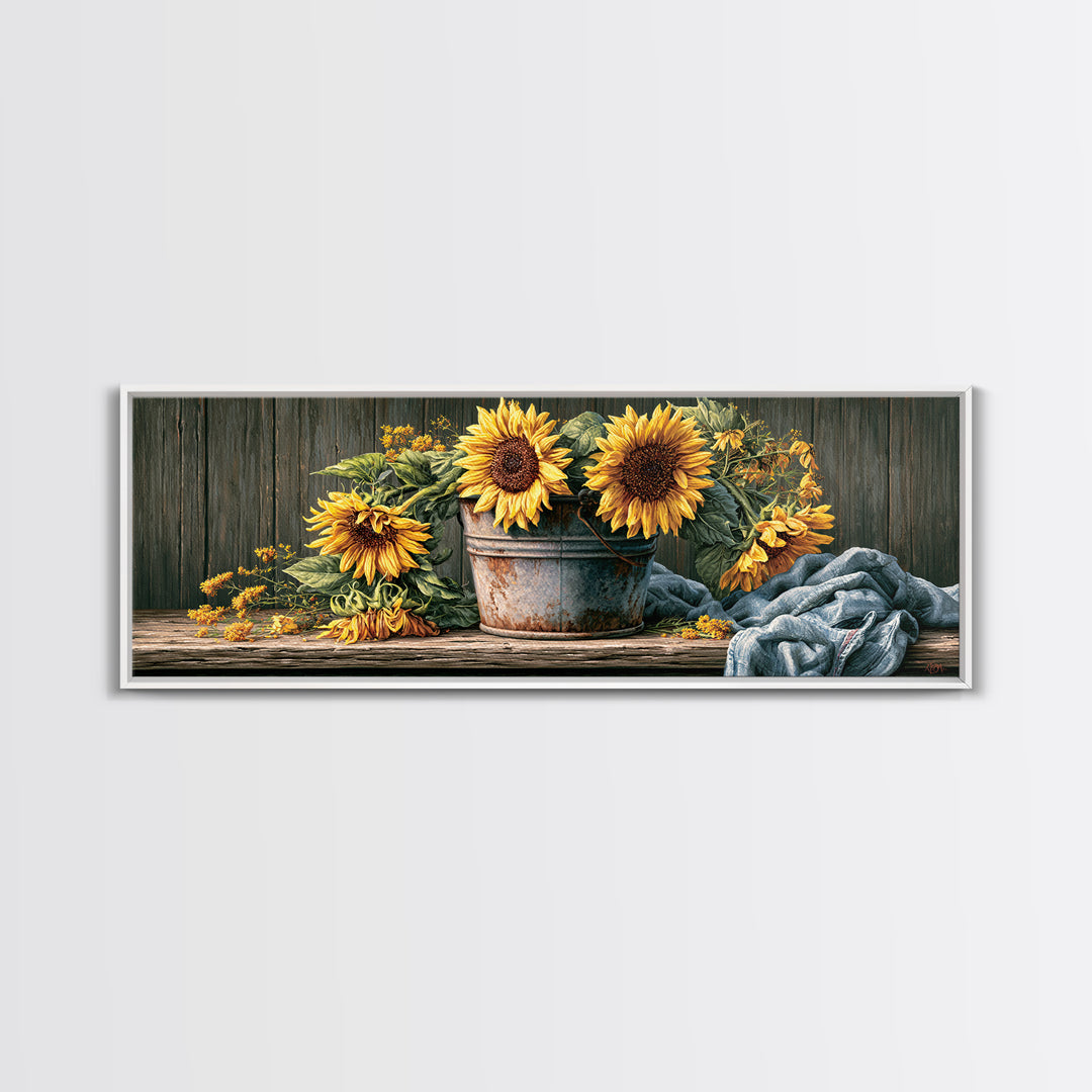 Sunflowers in a Metal Bucket Framed Canvas Print, Rustic Art, Room Decor, Farmhouse Decor, Fine Art, Rustic, Oil Painting, RUS-3x1-52