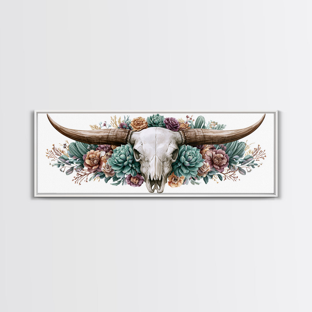 Cow Skull with Desert Flowers Framed Canvas Print, Rustic Art, Landscape Painting, Farmhouse Decor, Watercolor Art, Rustic, RUS-3x1-57