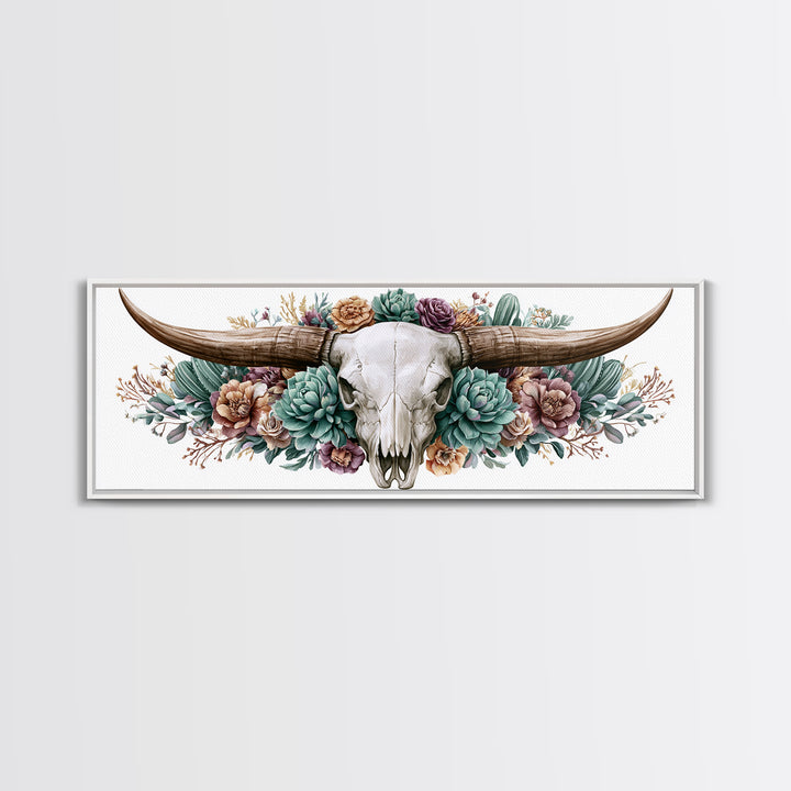 Cow Skull with Desert Flowers Framed Canvas Print, Rustic Art, Landscape Painting, Farmhouse Decor, Watercolor Art, Rustic, RUS-3x1-57