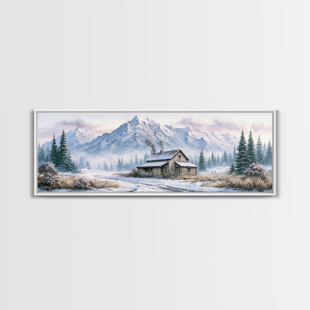 Winter Mountain Scene Framed Canvas Print, Rustic Art, Room Decor, Farmhouse Decor, Fine Art, Rustic, Oil Painting, RUS-3x1-63