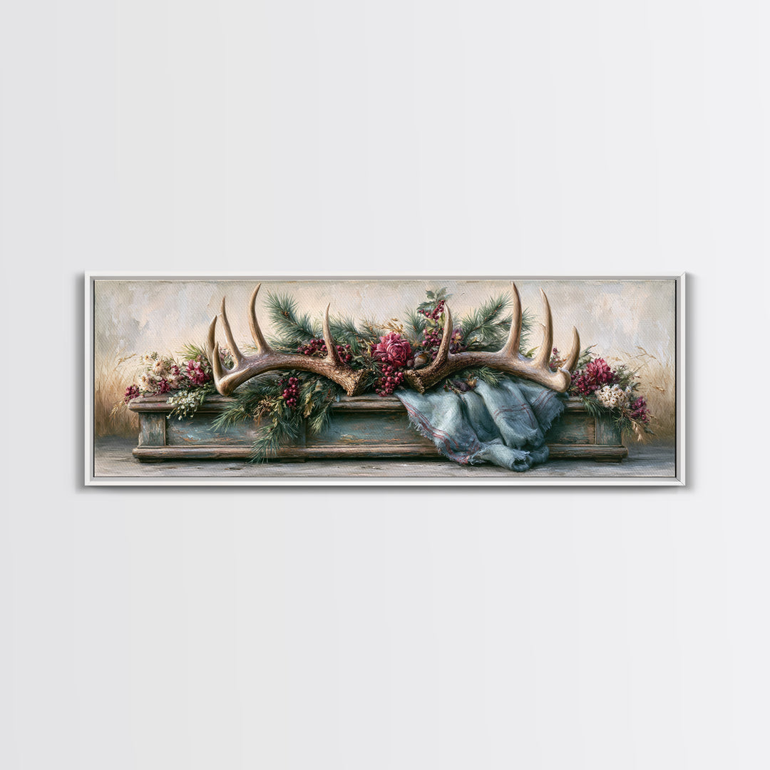 Deer Antlers with Pine Branches and Berries Canvas Print, Rustic Art, Abstract Wall Art, Farmhouse Decor, Watercolor Art, RUS-3x1-66