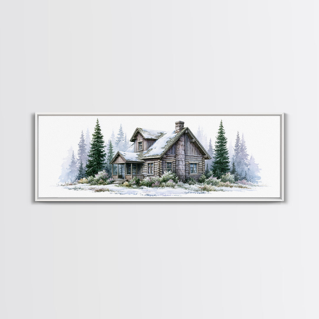 Log Cabin with Snowy Pines Framed Canvas Print, Rustic Art, Wall Decor, Farmhouse Decor, Fine Art, Rustic, Wall Art, Home Decor, RUS-3x1-7