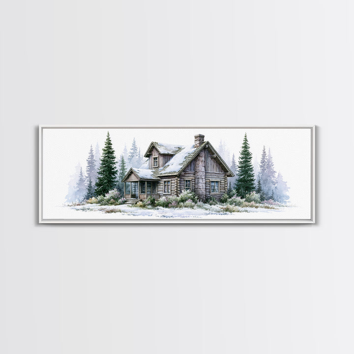 Log Cabin with Snowy Pines Framed Canvas Print, Rustic Art, Wall Decor, Farmhouse Decor, Fine Art, Rustic, Wall Art, Home Decor, RUS-3x1-7