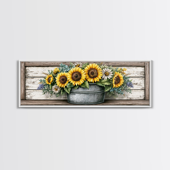 Sunflowers in a Metal Bucket Canvas Print, Rustic Art, Home Decor, Farmhouse Decor, Oil Painting, Rustic, Living Room Decor, RUS-3x1-76