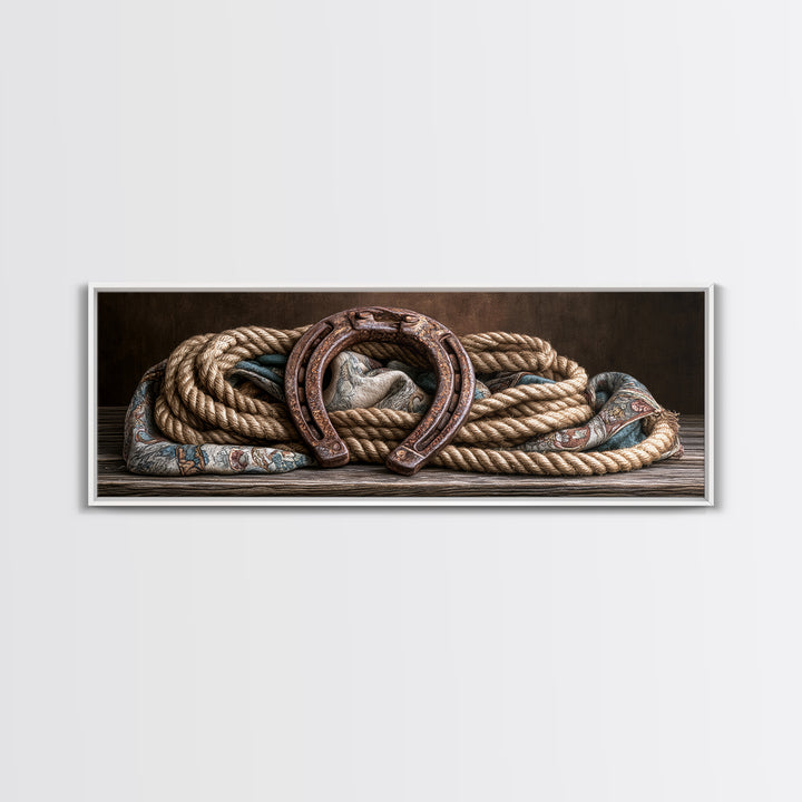 Rusty Horseshoe and Rope Composition Framed Canvas Print, Rustic Art, Modern Art, Farmhouse Decor, Rustic, Neutral Decor, RUS-3x1-77