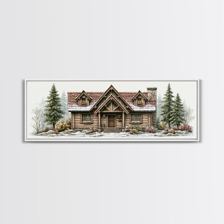 Log Cabin with Snowy Pines Framed Canvas Print, Rustic Art, Printable Art, Farmhouse Decor, Oil Painting, Rustic, RUS-3x1-79