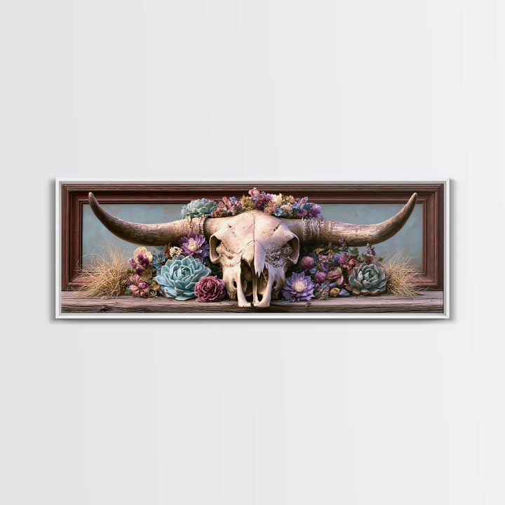 Cow Skull with Desert Flowers Framed Canvas Print, Rustic Art, Landscape Painting, Farmhouse Decor, Watercolor Art, Rustic, RUS-3x1-81