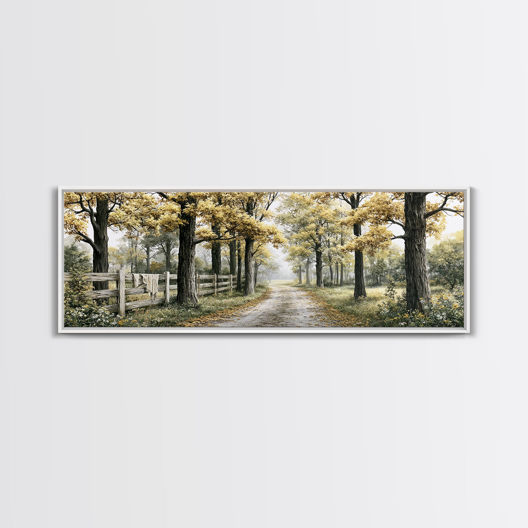 Forest Path with Golden Autumn Leaves Framed Canvas Print, Rustic Art, Farmhouse Decor, Oil Painting, Rustic, Gallery Wall Art, RUS-3x1-82