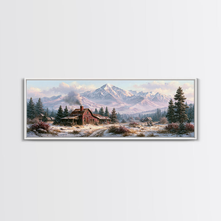 Winter Mountain Scene Framed Canvas Print, Rustic Art, Printable Wall Art, Farmhouse Decor, Watercolor Art, Rustic, Wood Art, RUS-3x1-87