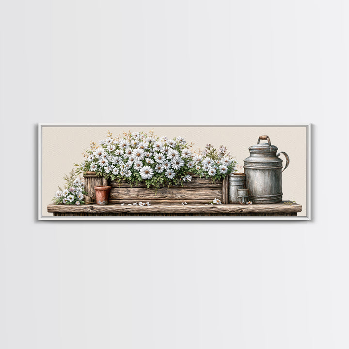 Weathered Barn Wood and Wildflower Still Life Framed Canvas Print, Rustic Art, Living Room Art, Farmhouse Decor, Rustic, RUS-3x1-89