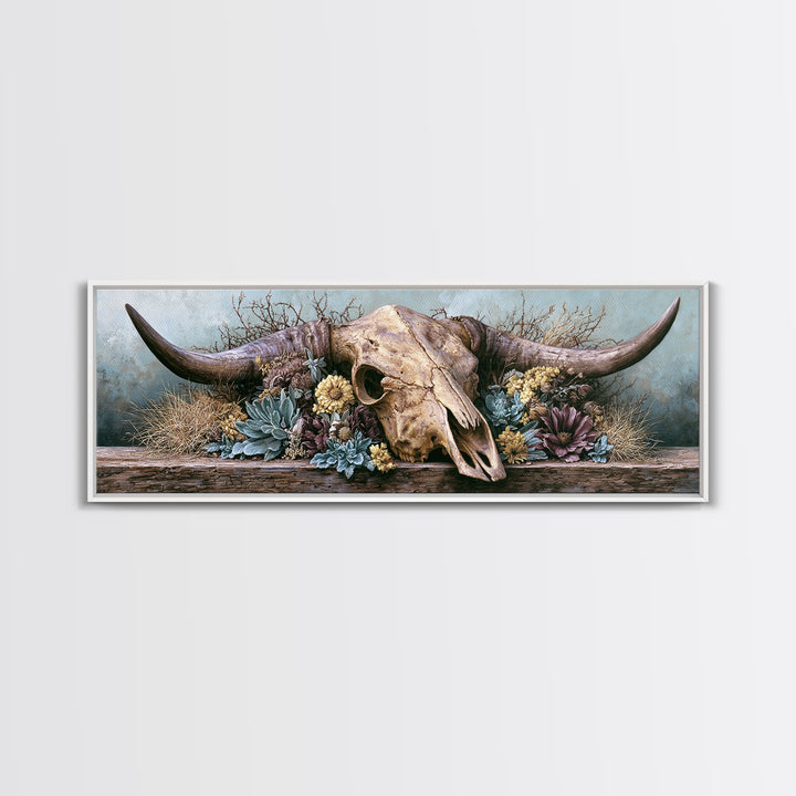 Cow Skull with Desert Flowers Framed Canvas Print, Rustic Art, Wood Wall Art, Farmhouse Decor, Rustic, Eclectic Wall Art, RUS-3x1-9