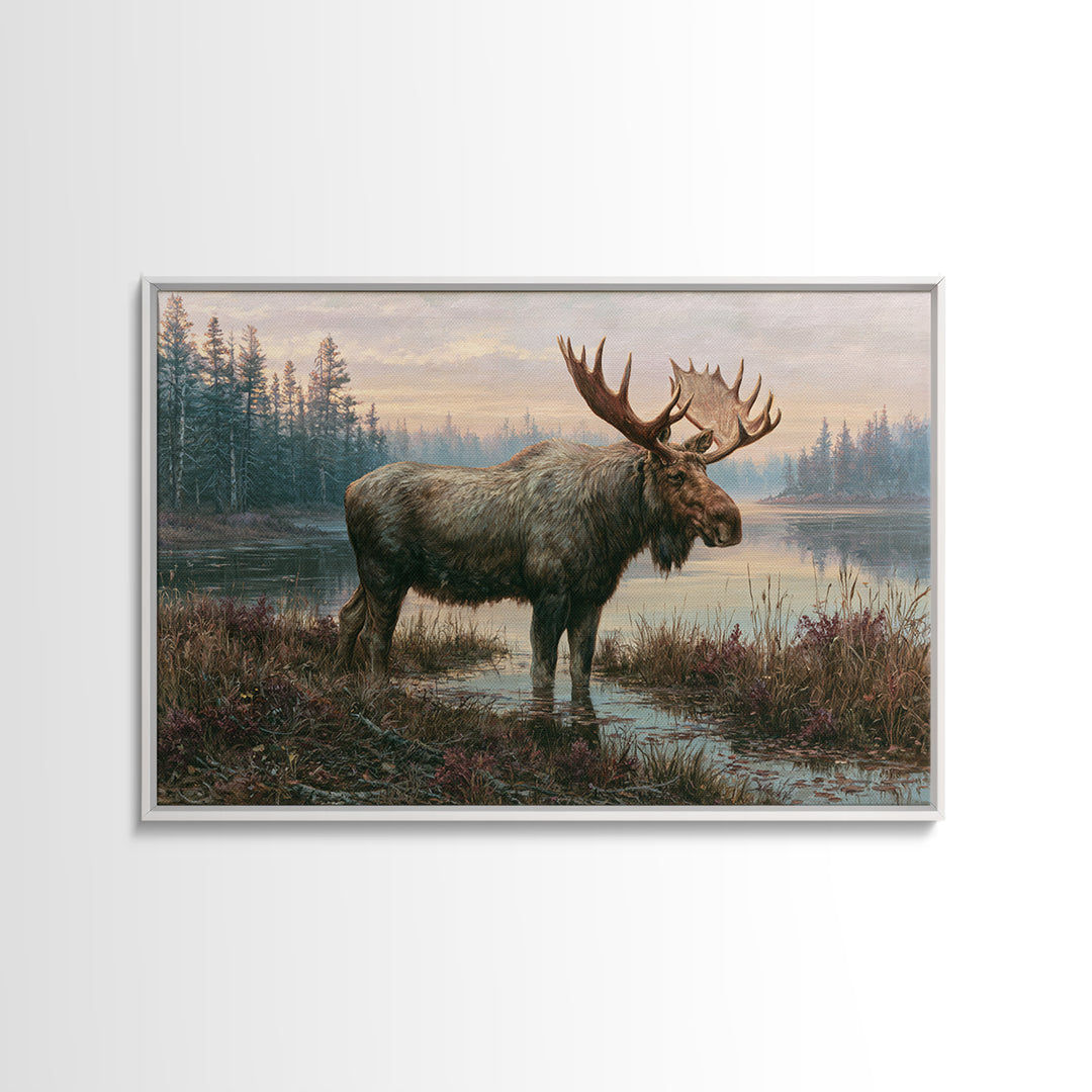 Moose Standing by a Quiet Lake Framed Canvas Print, Rustic Art, Boho Wall Art, Farmhouse Decor, Rustic, Downloadable Art, RUS-3x2-13