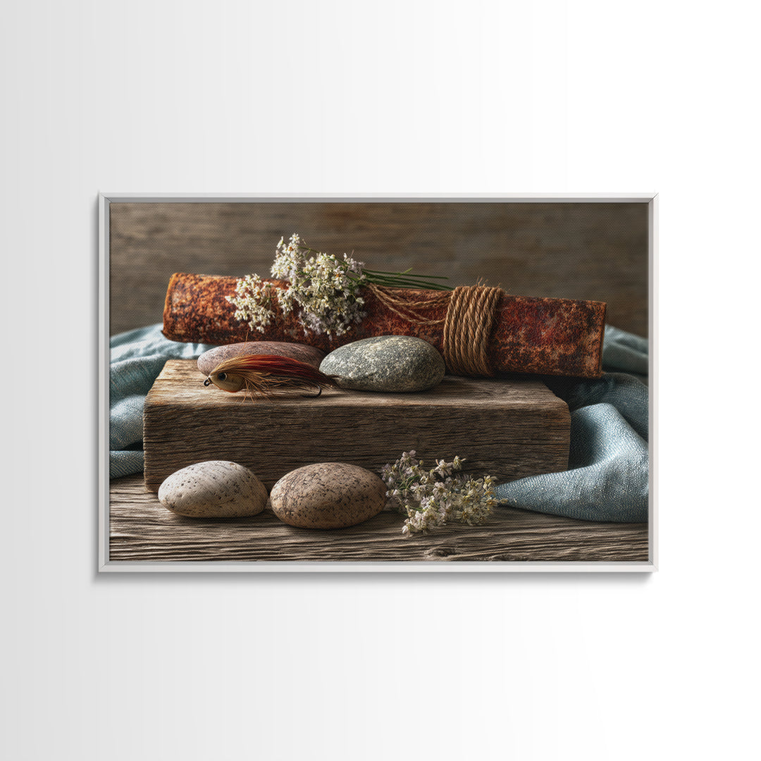 Trout Fishing Lure and River Stones Framed Canvas Print, Rustic Art, Oil Painting, Farmhouse Decor, Fine Art, Rustic, RUS-3x2-18