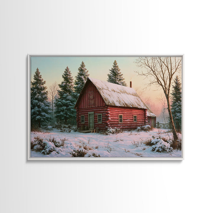 Log Cabin with Snowy Pines Framed Canvas Print, Rustic Art, Farmhouse Wall Art, Farmhouse Decor, Rustic, Statement Artwork, RUS-3x2-19