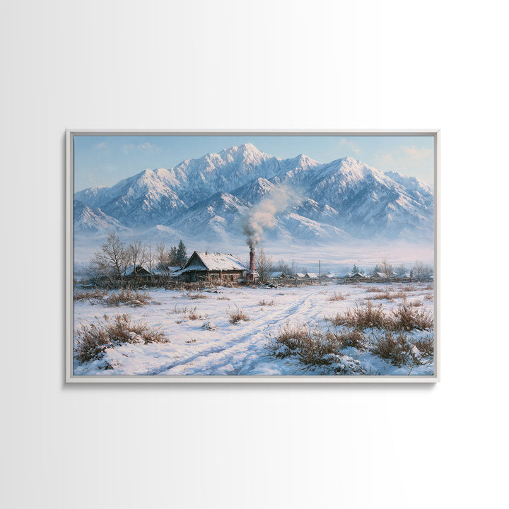 Winter Mountain Scene Framed Canvas Print, Rustic Art, Wood Art, Farmhouse Decor, Fine Art, Rustic, Wall Decor, Neutral Decor, RUS-3x2-27