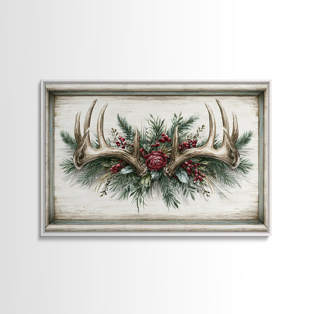 Deer Antlers with Pine Branches and Berries Canvas Print, Rustic Art, 3d Wall Art, Farmhouse Decor, Oil Painting, Rustic, RUS-3x2-30