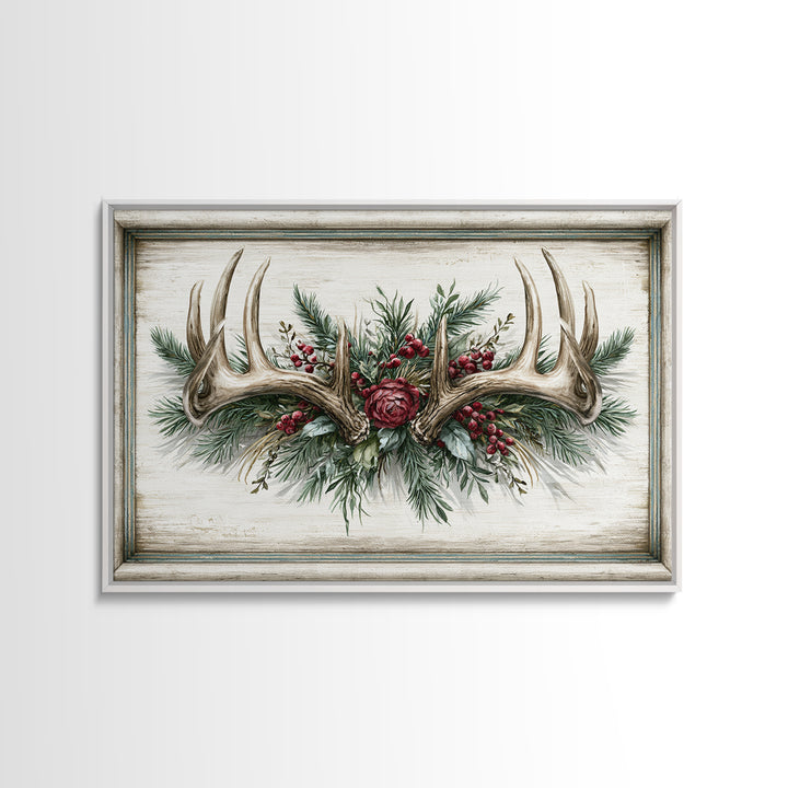 Deer Antlers with Pine Branches and Berries Canvas Print, Rustic Art, 3d Wall Art, Farmhouse Decor, Oil Painting, Rustic, RUS-3x2-30
