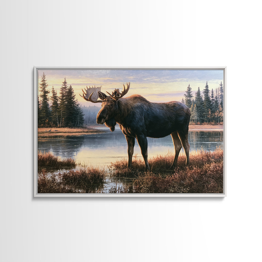 Moose Standing by a Quiet Lake Canvas Print, Rustic Art, Landscape Painting, Farmhouse Decor, Fine Art, Rustic, Modern Decor, RUS-3x2-37