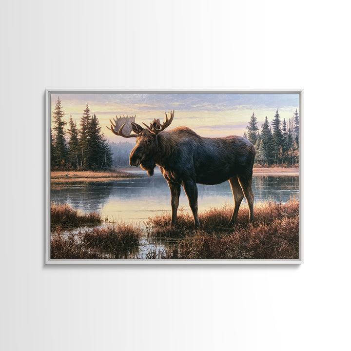 Moose Standing by a Quiet Lake Canvas Print, Rustic Art, Landscape Painting, Farmhouse Decor, Fine Art, Rustic, Modern Decor, RUS-3x2-37