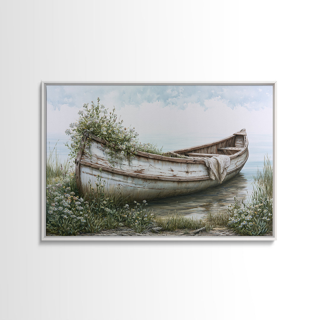 Old Canoe Pulled Onto a Lake Shore Canvas Print, Rustic Art, Landscape Painting, Farmhouse Decor, Rustic, Modern Decor, RUS-3x2-48