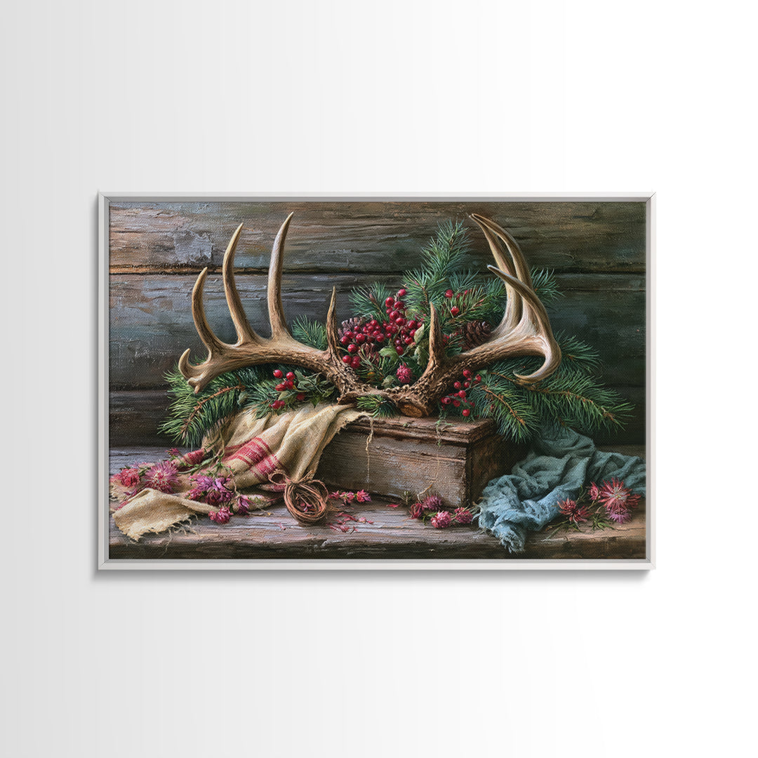 Deer Antlers with Pine Branches and Berries Canvas Print, Rustic Art, 3d Wall Art, Farmhouse Decor, Oil Painting, Rustic, RUS-3x2-54
