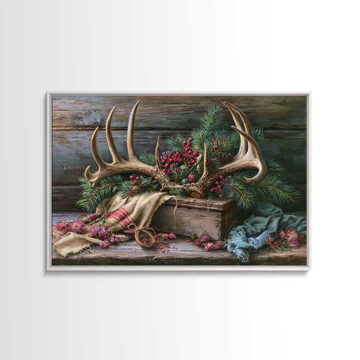 Deer Antlers with Pine Branches and Berries Canvas Print, Rustic Art, 3d Wall Art, Farmhouse Decor, Oil Painting, Rustic, RUS-3x2-54