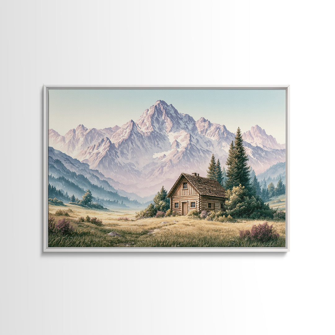 Mountain Cabin Landscape Framed Canvas Print, Rustic Art, Painting, Farmhouse Decor, Fine Art, Rustic, Boho Wall Art, RUS-3x2-55