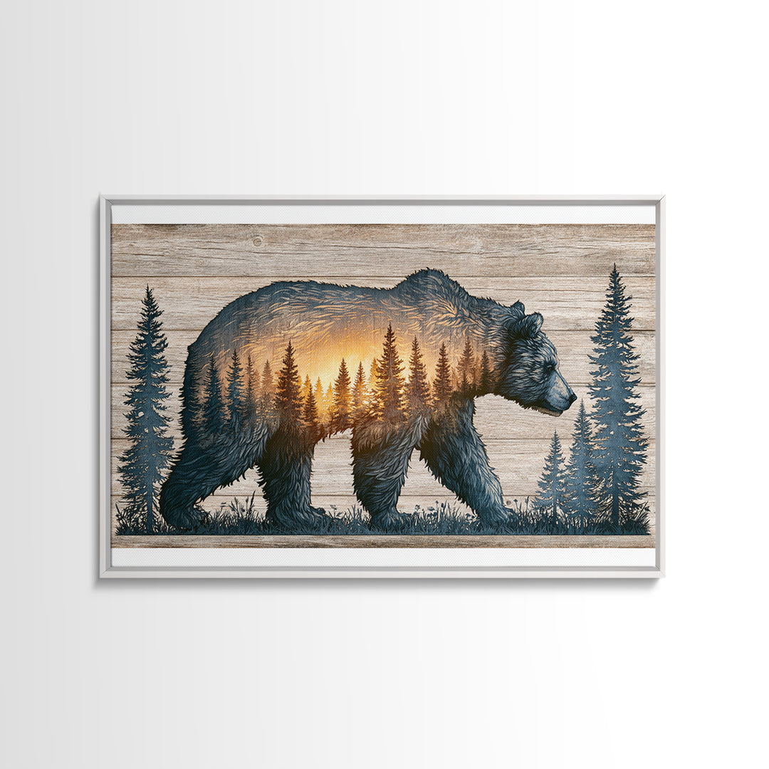Bear Silhouette Among Pine Trees Framed Canvas Print, Rustic Art, Luxury Decor, Farmhouse Decor, Oil Painting, Rustic, RUS-3x2-59