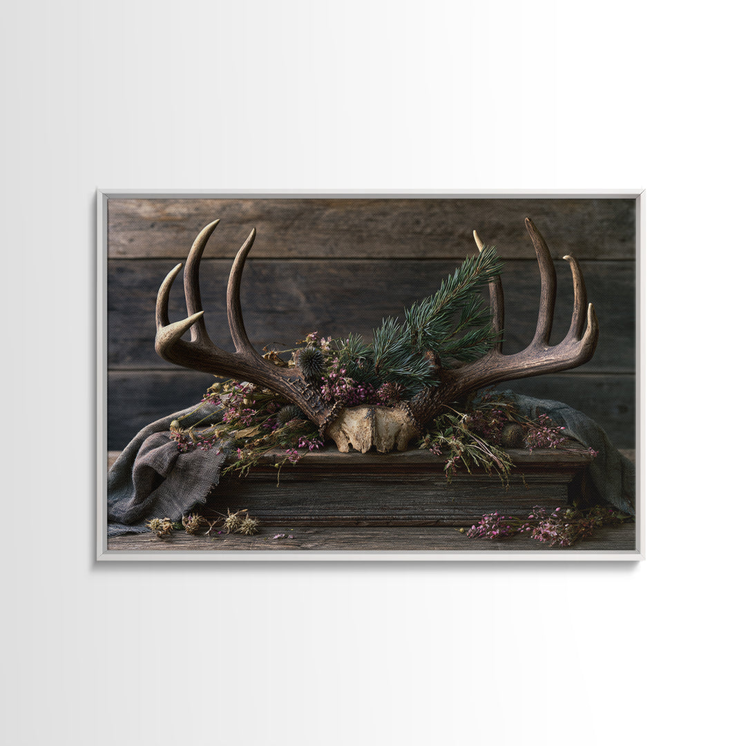 Deer Antlers with Pine Branches and Berries Framed Canvas Print, Rustic Art, Printable Art, Farmhouse Decor, Fine Art, Rustic, RUS-3x2-6