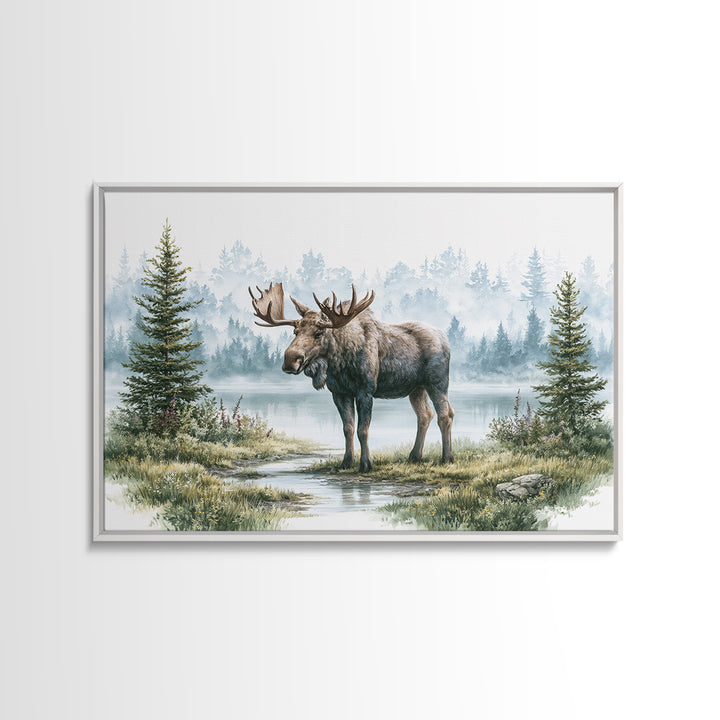 Moose Standing by a Quiet Lake Canvas Print, Rustic Art, Landscape Painting, Farmhouse Decor, Fine Art, Rustic, Modern Decor, RUS-3x2-61