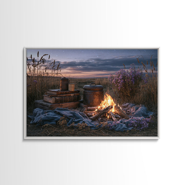 Campfire under a Starry Sky Canvas Print, Rustic Art, Farmhouse Decor, Fine Art, Rustic, Gallery Wall Art, Landscape Wall Art, RUS-3x2-62