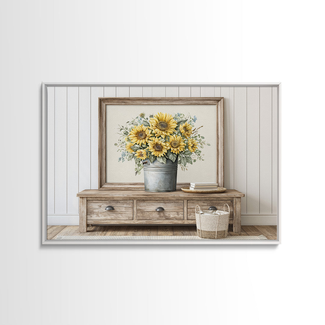 Sunflowers in a Metal Bucket Framed Canvas Print, Rustic Art, Gallery Decor, Farmhouse Decor, Fine Art, Rustic, RUS-3x2-64