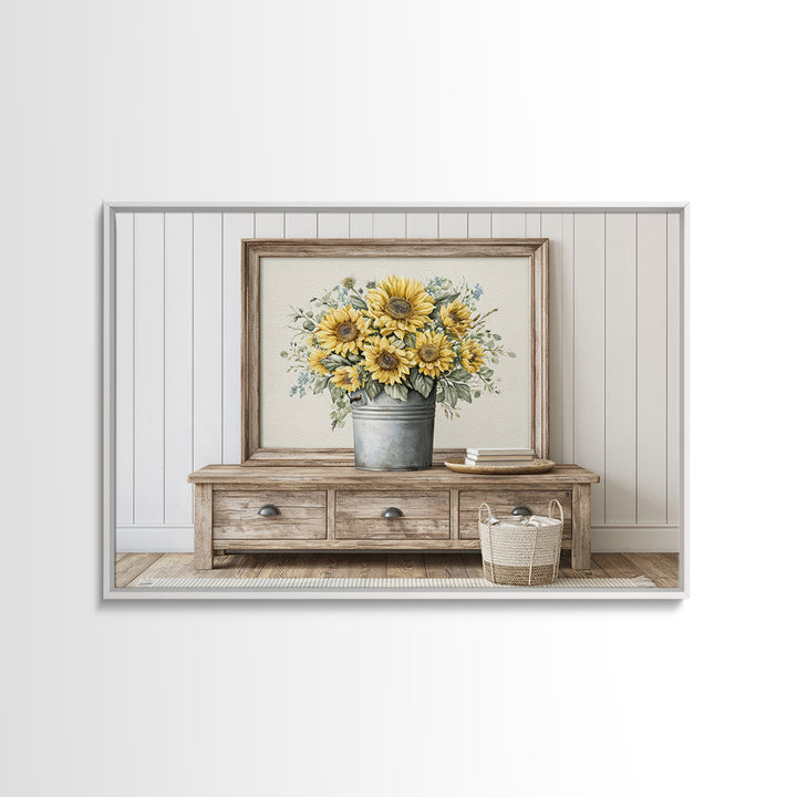 Sunflowers in a Metal Bucket Framed Canvas Print, Rustic Art, Gallery Decor, Farmhouse Decor, Fine Art, Rustic, RUS-3x2-64